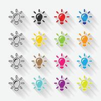 A set of light bulb icons on white background. Idea symbol. Electric lamp, light, innovation, solution, creative thinking, electricity. Outline, flat and colorful style vector