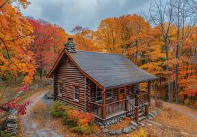 A cozy cabin nestled in the woods, surrounded by vibrant fall colors photo
