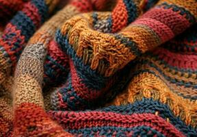 A close up of a knitted wool blanket, revealing the complex stitching and fiber details photo