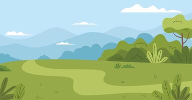Landscape green grass with trees, sky and clouds panoramic view vector