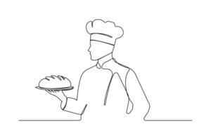 Continuous single-line art drawing of chef holding plate of bread. vector