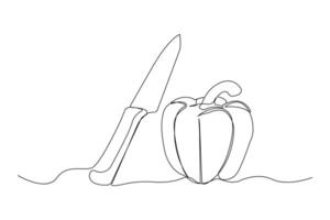 Capsicum with knife continuous line art drawing. Cutting vegetable with knife outline vector