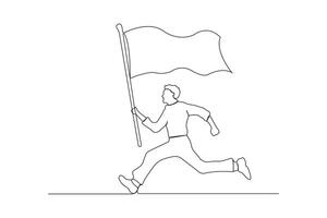 Man running with flag continuous line art drawing. Happy Independence Day concept linear background vector