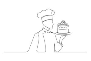 Continuous single-line art drawing of chef holding plate of cherry cake. vector