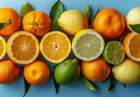 A composition of oranges, lemons, and limes, each showcasing their unique textures photo