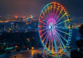 A colorful Ferris wheel illuminated at night with a cityscape in the background photo