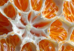 A close-up of a peeled orange, focusing on the textured white pith photo