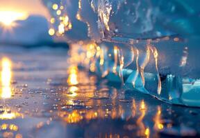 A close up of a melting iceberg with sunlight reflecting off the water droplets photo