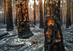 A close up of charred tree trunks in a burnt forest, with ash covering the ground photo