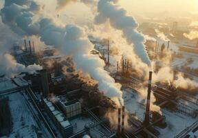 A detailed view of a factory complex with multiple chimneys belching smoke photo