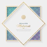 Eid al Fitr Mubarak colorful Islamic greeting card with Arabic style pattern and border frame vector