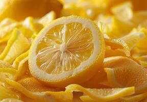A detailed image of lemon zest, emphasizing the rough, pebbled texture photo