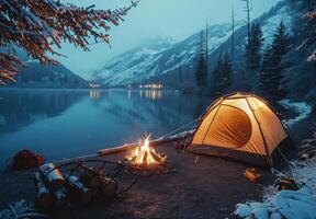 A cozy scene with a tent illuminated from within and a campfire providing warmth outside photo