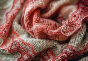 A macro image of a woolen shawl, focusing on the delicate knit design and texture photo