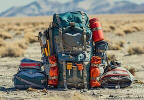 A detailed shot of a hiking backpack with various compartments and camping tools photo