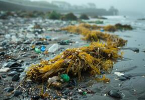 A detailed view of seaweed entangled with plastic debris on the shore photo