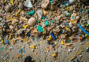 A detailed shot of microplastics mixed with sand on a polluted beach photo