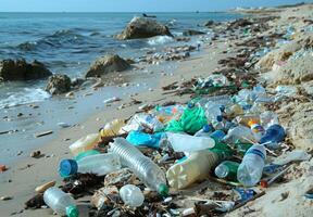 A polluted beach littered with plastic bottles, bags, and other trash washed ashore photo