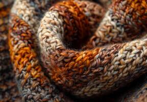A macro shot of a knitted wool throw, focusing on the interwoven fibers and texture photo