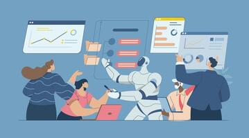 Business data analysis, working with artificial intelligence, AI support, Business team people jointly analyzing data or reviewing business document reports together with robots, design. vector