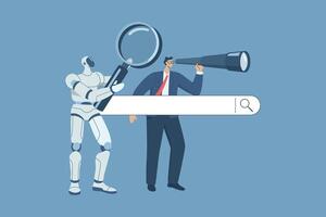 Searching for information online, AI support, Surfing the internet with search engine bar, Search engine optimization, Working with artificial intelligence, Business man with robot using binoculars. vector
