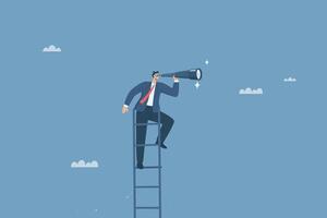 Business leader climbing stairs using binoculars to search for new business goals, Searching for business success opportunities, Ladder of success or ambition, design illustration. vector