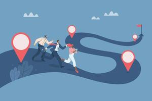 Work process or work process, Timeline to success, Roadmap, Project planning, Timeline, Progress in business, Team of business people running on a timeline, tracking and reviewing projects. vector