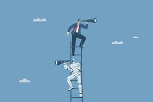 Finding business success opportunities with the use of artificial intelligence, AI support, Business leader climbing stairs using binoculars to search for new business goals with robots. vector
