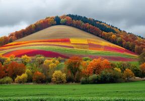 A picturesque hillside covered in a patchwork of autumn colors photo