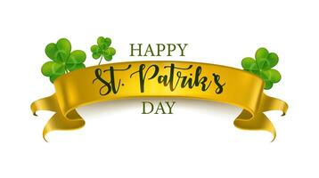 Happy St Patriks day banner element with ribbon and shamrock leaf. vector