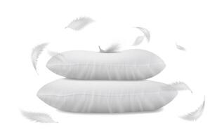 3d realistic illustration. Side view white pillows with flying feathers around. isolated on white background. Sweet dreams concept. vector