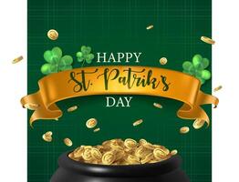 St. Patrick's day background. Green shamrocks, gold coins in couldron. vector