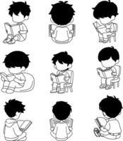 black and white illustration of a boy reading a book vector