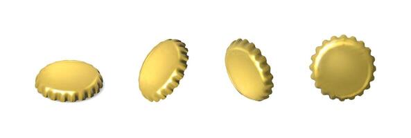 3d realistic icon. Gold beer caps in different side view. isolated. vector