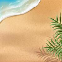 3d realistic illustration. Summer background. Beach sand with waves and palms. Top view. vector