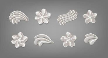 3d realistic icon set. Baker cream. Whipped cream swirl collection of smooth dairy icing frosting for cupcake or bakery. vector