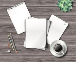 3d realistic illustration. Top view working space table with black paper sheets with a copy space, pen and a coffee cup. vector