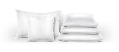 3d realistic illustration. Side view white pillows with flying feathers around. isolated on white background. Sweet dreams concept. vector