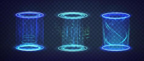 Futuristic sci-fi background. Abstract blue portal, teleport technology. Blue circle portal with light flares and sparkles. vector