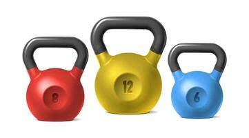 3d realistic icon illustration. Set of kettlebells weights in color. vector