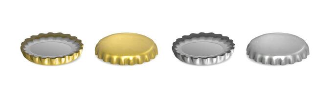 3d realistic icon. Gold and silver set of beer caps in top and bottom view. Isolated on white. vector