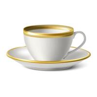 Isolated 3d realistic white porcelain cup with golden borders and a plate on white background. vector