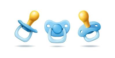 3d realistic icon illustration set. Blue baby boy pacifier in front side view. Isolated. vector