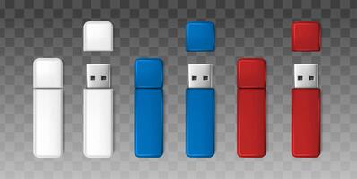 3d realistic icon set. White, blue, red usb flash drive mock up. vector