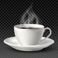 Isolated 3d realistic white porcelain cup with tea or coffee inside and a plate on white background. vector