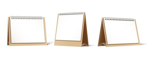 3d realistic collection of white blank table spiral calendar, isolated on white background. vector