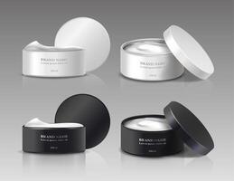 3d realistic collection of beauty cream jars with open lids in white and black color. vector