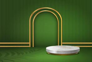 3d green realistic background. Display stand, podium with arch in gold. Minimalistic style. vector
