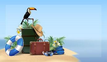 3d realistic illustration. Summer background. Sea and beach view with palms. vector