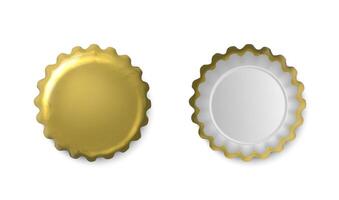 3d realistic icon. Golden crown bottle caps top and bottom view. Isolated on white background. vector